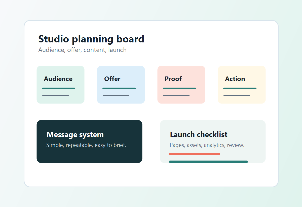 A clean creative planning board with notes, charts, and launch milestones